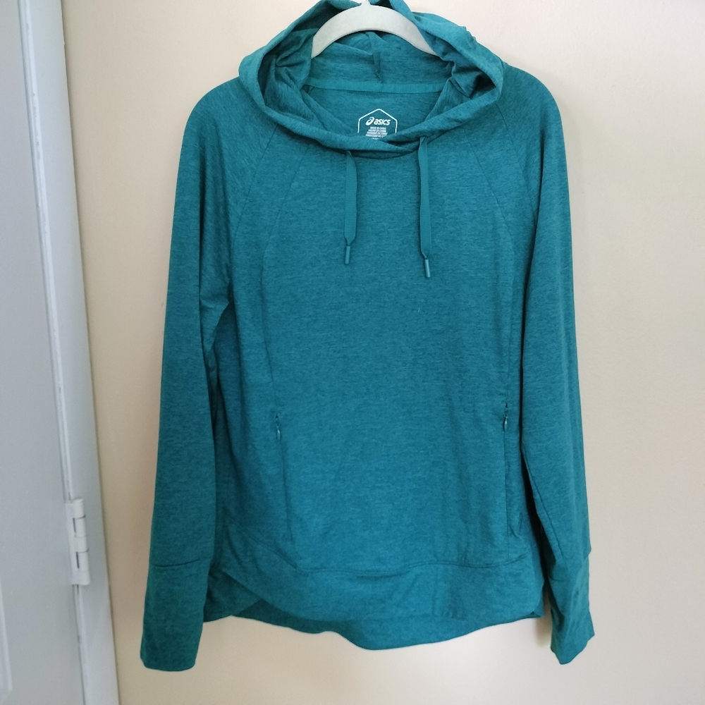 ASICS Womens Deep Teal Hoodie S Front Pockets Stretch Walking Running Hiking